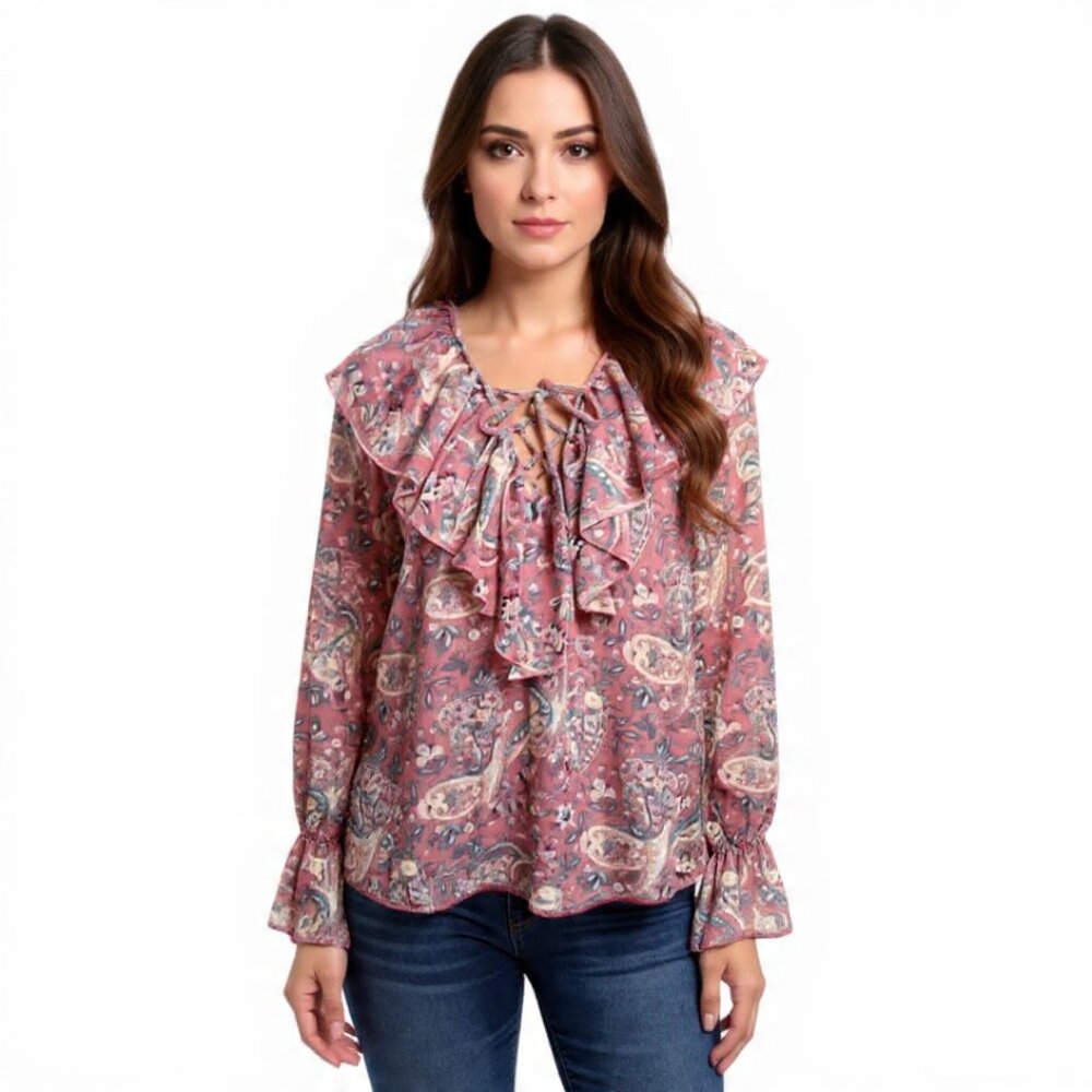 Show Me Your Mumu Ruffle Paisley Blouse Size Small Boho Chic Top